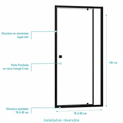 Porte de douche Pivotante Noir 80-90x185cm - Extensible de 78 à 90 cm - BLACK SLIDE 80 90