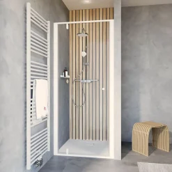 Porte de douche pivotante en niche l.100 x H.200 cm, verre transparent, profilé blanc mat, Schulte Impériale