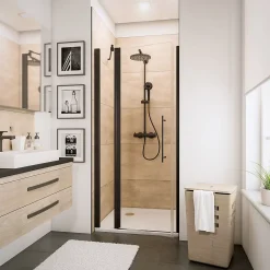 Porte de douche pivotante sur élément fixe l.120 x H.192 cm, verre transparent anticalcaire, profilé noir mat, Schulte NewStyle