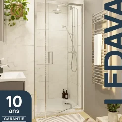 Porte de douche pivotante axe excentré l.80 cm x H.195 cm, verre transparent, profilés alu chrome, GoodHome Ledava