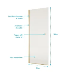 Porte de Douche Pivotante 90x180 cm en Verre Trempe 5 mm - Finition Or Brosse - GOLD ELEMENTARY