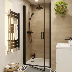 Porte de douche pivotante l.80 x H.195 cm, verre transparent, profilés alu noir, GoodHome Ledava