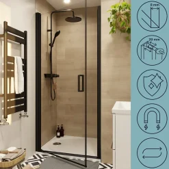 Porte de douche pivotante l.80 x H.195 cm, verre transparent, profilés alu noir, GoodHome Ledava