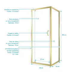 Porte de douche pivotante et paroi fixe l.80 x 80 x H.200 cm profilés doré brossé, Galedo Factory