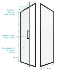 Porte de douche Pivotante et retour 90x90x200 - Profilés noir mat - CRUSH PIVOTANTE
