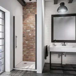 Porte de douche pivotante en niche l.90 x H.192 cm, verre transparent anticalcaire, profilé noir mat, Schulte NewStyle