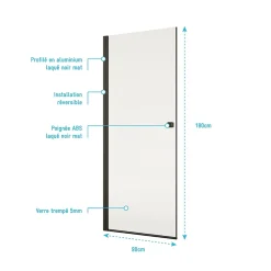 Porte de Douche pivotante 90x180 cm en Verre Trempe 5 mm - Finition Noire - DARK ELEMENTARY