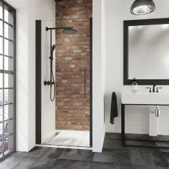 Porte de douche pivotante en niche, l.60 x H.192 cm, verre transparent, profilé noir, Schulte NewStyle