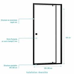 Porte de douche Pivotante Noir 70-80x185cm - Extensible de 69 à 80 cm - BLACK SLIDE 70 80