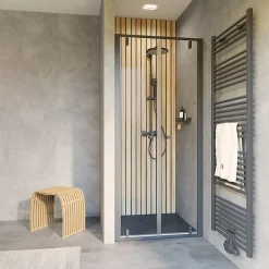 Portes de douche battantes en niche 90 x 200 cm, verre anticalcaire, profilé noir mat, Schulte Impériale Trend 2.0
