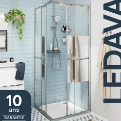 Portes de douche coulissantes accès d'angle l.80 x L.80 x H.195 cm, bandes miroir, profilés alu chrome, GoodHome Ledava