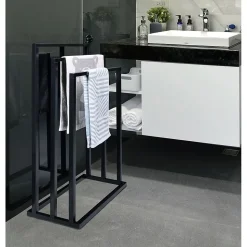 Porte-serviettes sur pied KUNO portant pour vêtements et linge de salle de bain avec 3 niveaux d'étendage, structure en métal noir