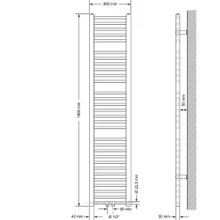 Radiateur de Salle de Bain - 300 x 1800 mm - Blanc - Droit avec Raccordement Central