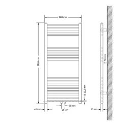 Radiateur de Salle de Bain Design Sahara, 600 x 1200 mm, Blanc, Forme Droit