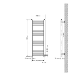 Radiateur de Salle de Bain Design Sahara, 300 x 800 mm, Noir Mat, Forme Droite