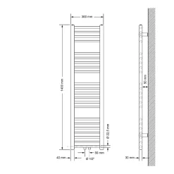 Radiateur Salle de Bain 300x1400 mm Anthracite Droite Raccord Central au Bas