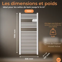 Radiateur sèche serviettes électriques à inertie sèche barres rondes 750W thermostat programmable Cosyup Olen Blanc Garantie 3 ans