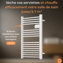 Radiateur sèche serviettes électriques à inertie sèche barres rondes 500W thermostat programmable Cosyup Olen Blanc Garantie 3 ans