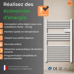 Radiateur sèche serviettes électriques à inertie sèche barres rondes 500W thermostat programmable Cosyup Olen Blanc Garantie 3 ans