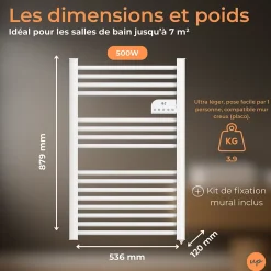 Radiateur sèche serviettes électriques à inertie sèche barres rondes 500W thermostat programmable Cosyup Olen Blanc Garantie 3 ans