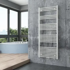 Radiateur sèche-serviettes 150x60cm design salle de bain en laiton, Blanc, R18W, Avec porte-serviette droit + kit connexion blanc