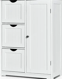 Rangement Salle de Bain 3 Tiroirs 1 Armoire Placard Porte Magnétique Anti Basculement étagère Réglable