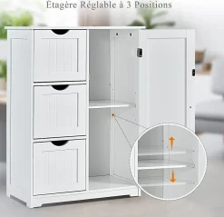 Rangement Salle de Bain 3 Tiroirs 1 Armoire Placard Porte Magnétique Anti Basculement étagère Réglable