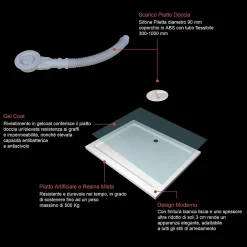 Receveur de douche à l'italien 100x80cm H.3cm, blanc, Bac à douche extra-plat en résine, avec une bonde H.55mm Design ultra-mince