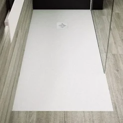 Receveur de douche 90 x 200 cm extra plat PURE en resine surface ardoisee blanc Grille inox