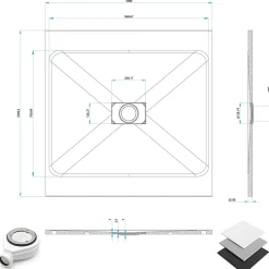 Receveur de douche BAYA extra-plat aspect pierre gris 100 x 100 cm + bonde centrale