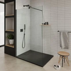 Receveur de douche BAYA extra-plat aspect pierre noir 90 x 90 cm + bonde
