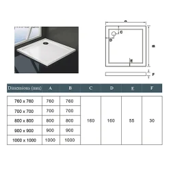 Receveur de douche blanc 80x80x3 cm - Extra plat - Carré - Résine antidérapante avec le bonde de douche et siphon 90cm