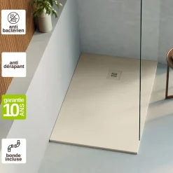 Receveur de Douche Extraplat 180x90cm Beige - Résine Minérale - Antidérapant - Effet Ardoise - Bonde Incluse - LAVABERG