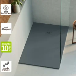 Receveur de Douche Extraplat 120x80cm Gris - Résine Minérale - Antidérapant - Effet Ardoise - Bonde Incluse - LAVABERG