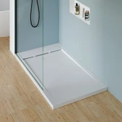 Receveur de douche fonte minérale, Blanc mat, 140x90x4.5cm, Bac à douche antidérapant, Pente écoulement, Sans bonde