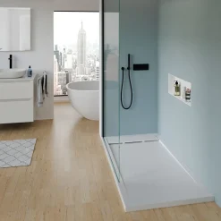 Receveur de douche fonte minérale, Blanc mat, 160x90x4.5cm, Bac à douche antidérapant, Pente écoulement, Sans bonde