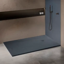 Receveur de douche gris 140 x 90 cm haute densité aspect ardoise - grille carrée excentrée