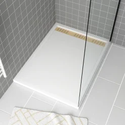 Receveur de douche L.120 x l.90 x H.4 cm, acrylique renforcé blanc, avec grille d'évacuation dorée, Galedo Pure 2