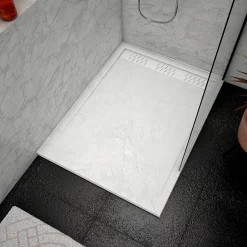 Receveur de douche L.120 x l.90 x H.4 cm, acrylique renforcé blanc effet pierre, avec grille d'évacuation blanche, Galedo Pedra