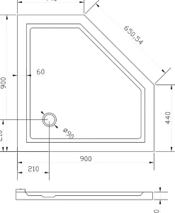 Receveur de douche pentagonal - 90x90cm et système d'évacuation