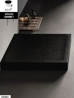 Receveur de Douche Rectangle - 90 x 100 x 11,5 cm - Noir Effet Pierre - avec Siphon OFFERT - MOON STONE