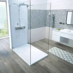 Receveur Kinesurf découpable 120x90 blanc aspect pierre avec cache-bonde assorti et bonde extra-plate