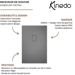 Receveur Kinesurf découpable 120x90 blanc aspect pierre avec cache-bonde assorti et bonde extra-plate