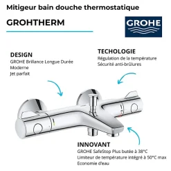 Robinet bain thermostatique GROHE Grohtherm 800 avec ensemble de douche 2 jets et colonnettes