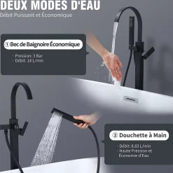 Robinet de Baignoire Cascade sur Pied Montage au Sol avec Douchette, pour Bain et Douche