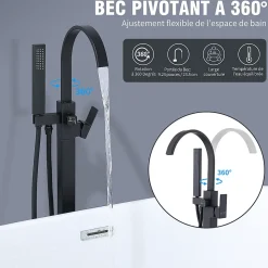 Robinet de Baignoire Cascade sur Pied Montage au Sol avec Douchette, pour Bain et Douche