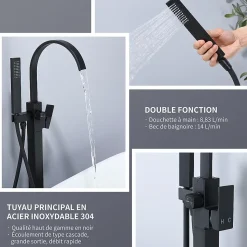 Robinet de Baignoire Cascade sur Pied Montage au Sol avec Douchette, pour Bain et Douche