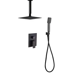 Robinet de douche encastré, monocommande pour montage au plafond CHE carré, finition NOIR mat, en laiton Kibath