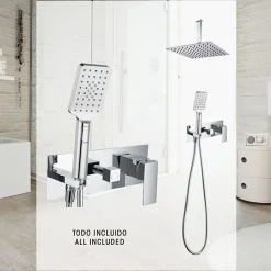 Robinet de douche encastré, levier unique monté au plafond, carré, finition chrome poli, en laiton Kibath