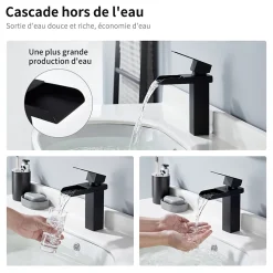 Robinet de Lavabo Cascade Noir Mitigeur de Lavabo Mono-trou Robinetterie Lave-mains Monocommande Robinet Salle de Bain
